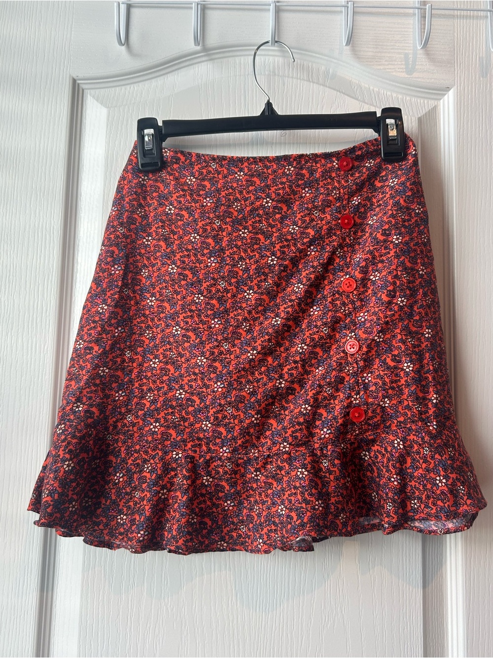 B.O.G Collective Red Floral Mini Skirt with Button-Front and Ruffle Hem